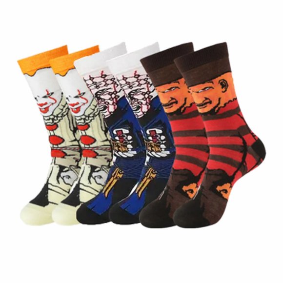 1980s Horror Movie Sock Pack of 3 - Freddy Krueger, Pinhead, & Pennywise - Picture 1 of 4